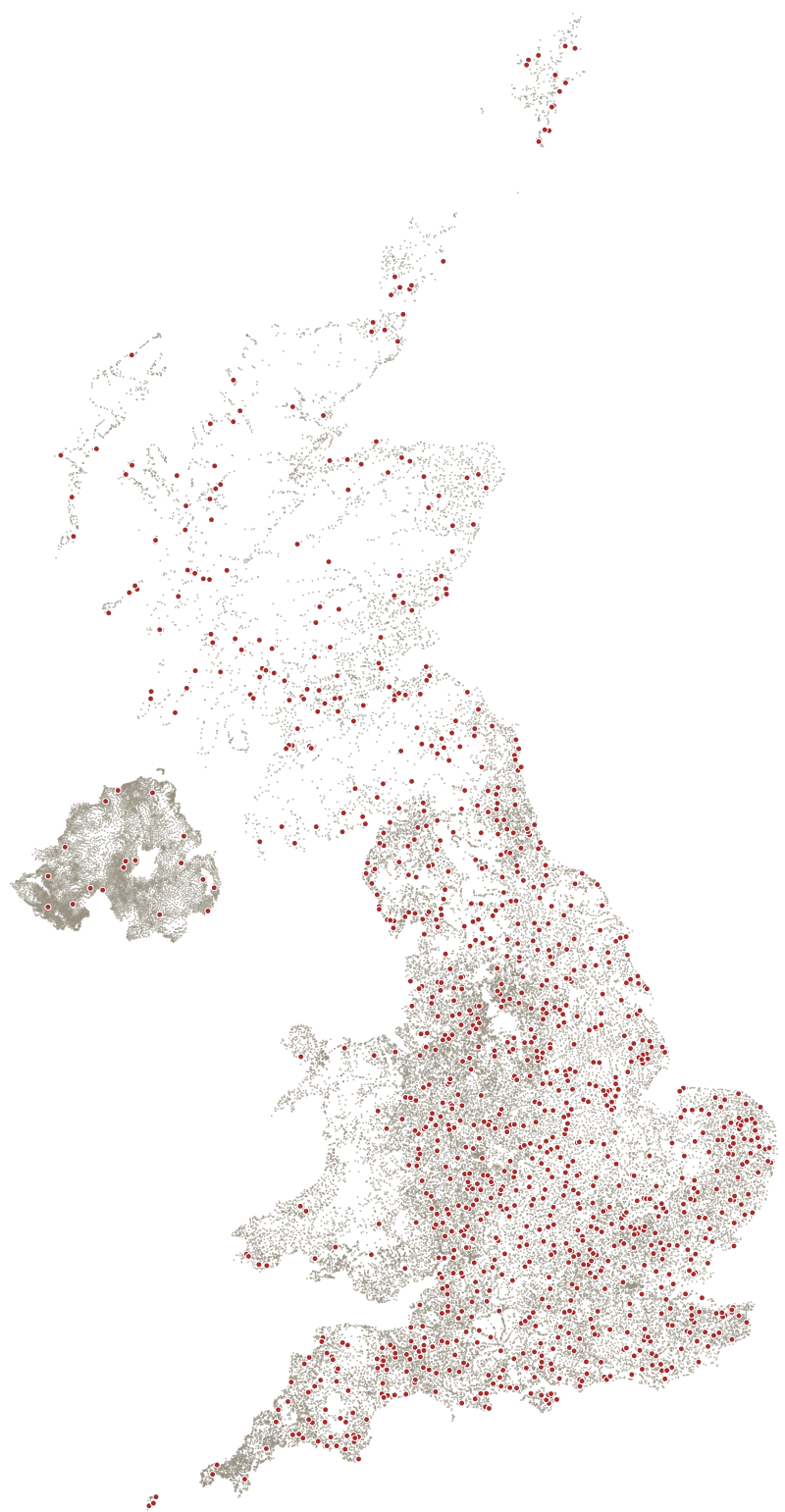 Map of the UK drawn from its places, one dot each; the 1,127 with a site of their own are red